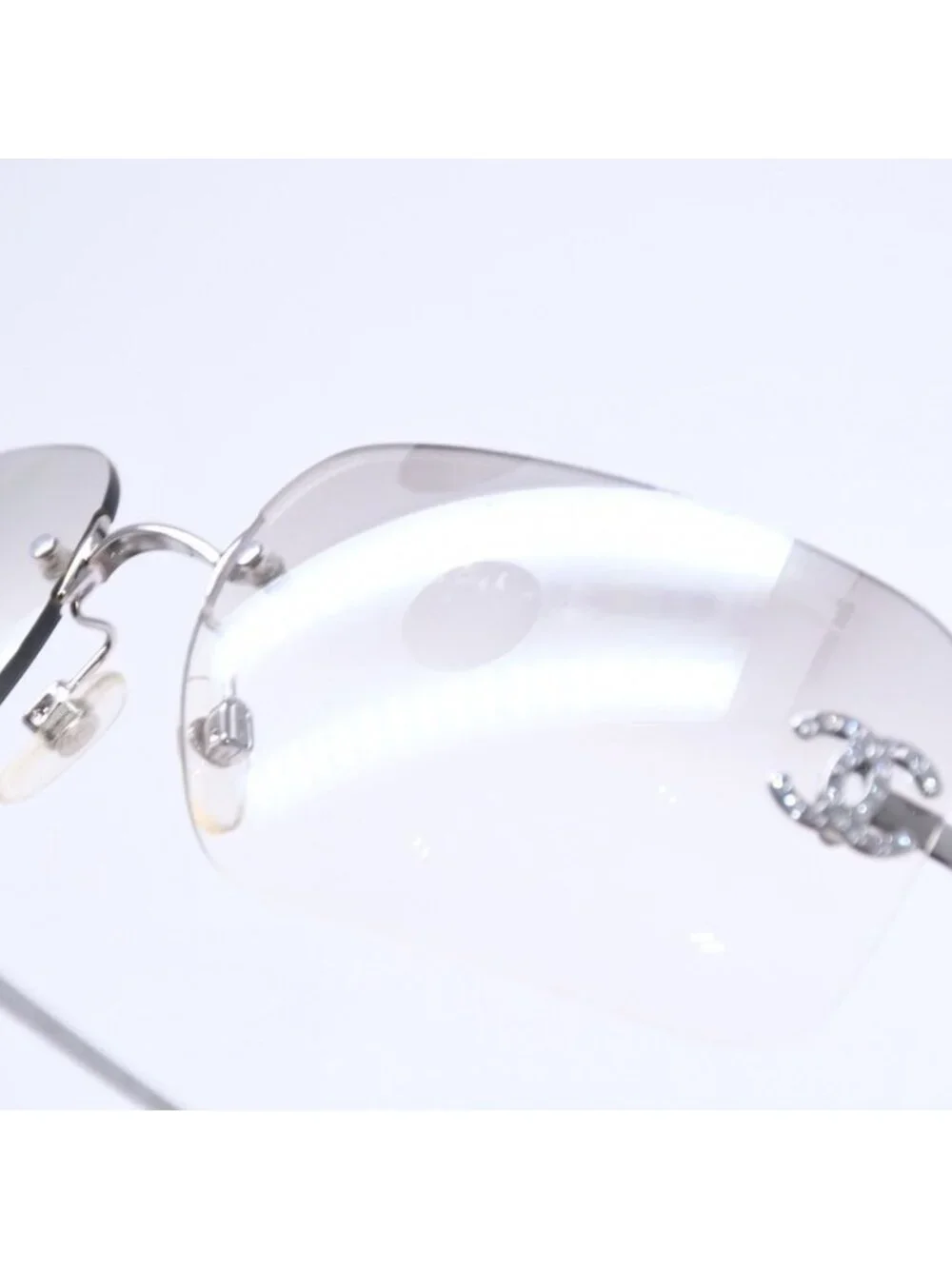 Chanel Rimless Sunglasses CC Logo Rhinestone Gray Gradation Lens Silver Eyewear